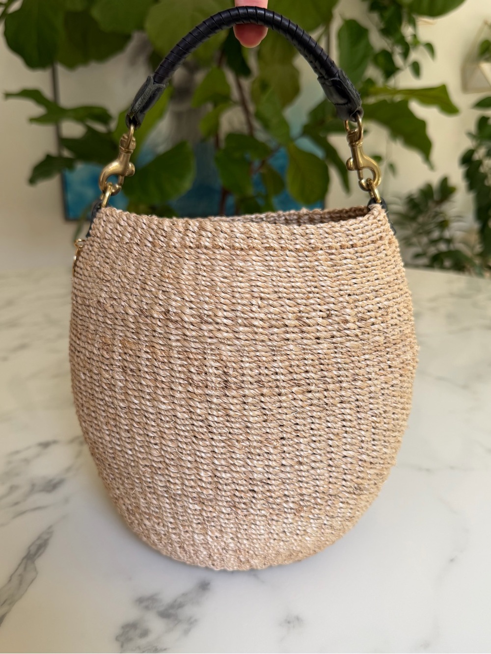 Clare V Pot de Miel w/ Fishtail Leather Handle Handwoven Straw Basket Bag